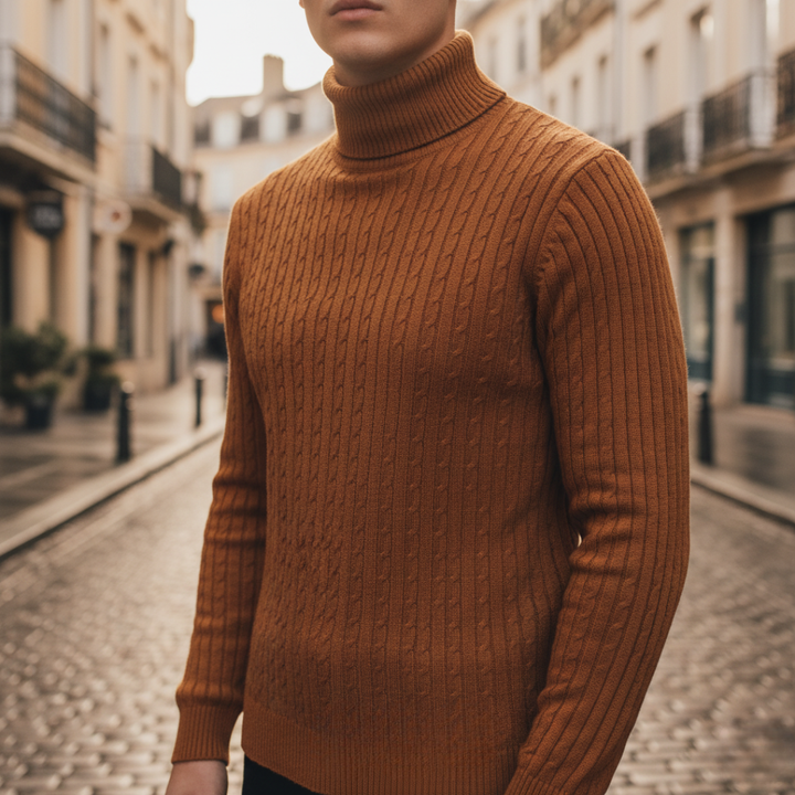 Men's textured cable knit turtleneck sweater