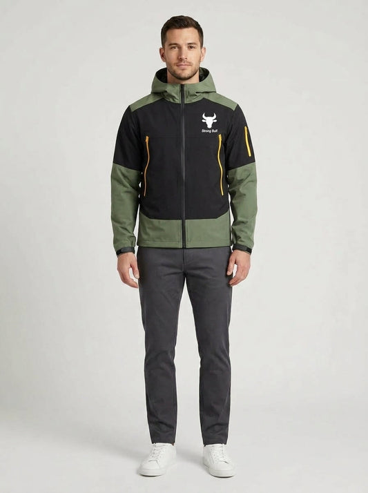 Men's black and green hooded jacket with yellow zips