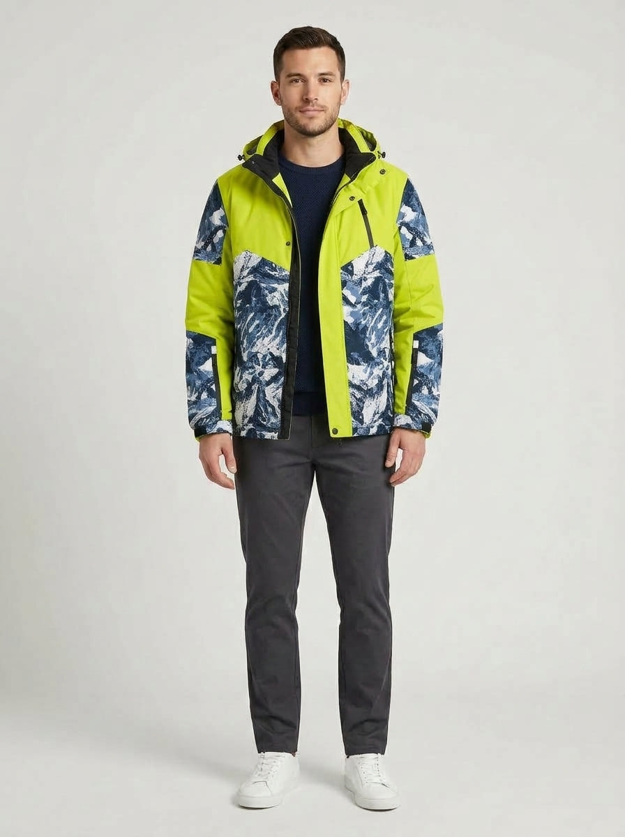 Men's hooded jacket with mountain print panels and zip front