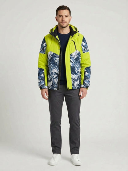 Men's hooded jacket with mountain print panels and zip front