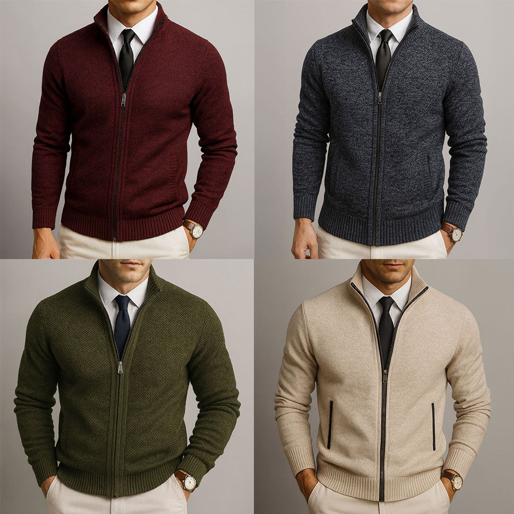 Men's zip-up cardigan sweater with stand collar, long sleeves and ribbed trims