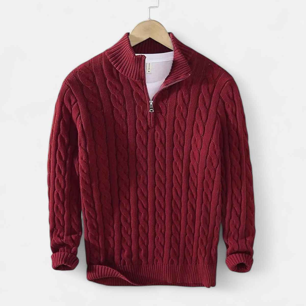 Men's cable-knit quarter-zip sweater with mock neck and long sleeves