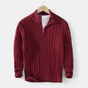 Men's cable-knit quarter-zip sweater with mock neck and long sleeves