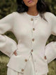 Women's beige crew neck cardigan with buttons and patch pockets