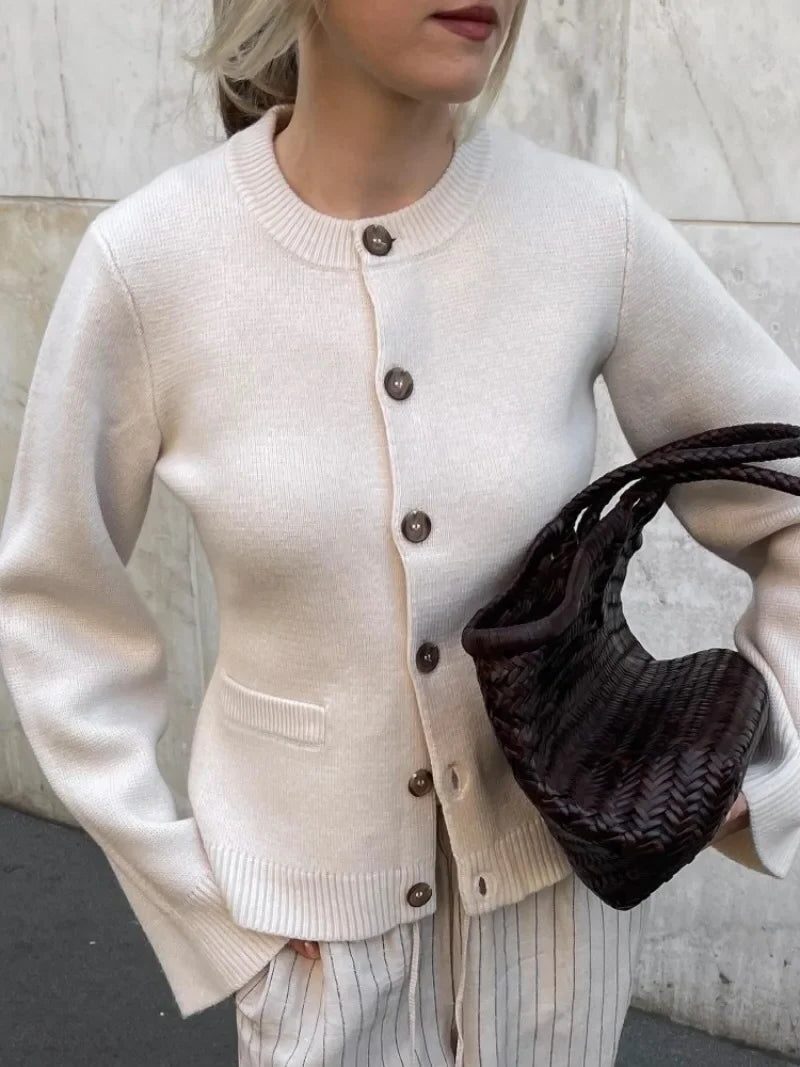 Women's beige crew neck cardigan with buttons and patch pockets