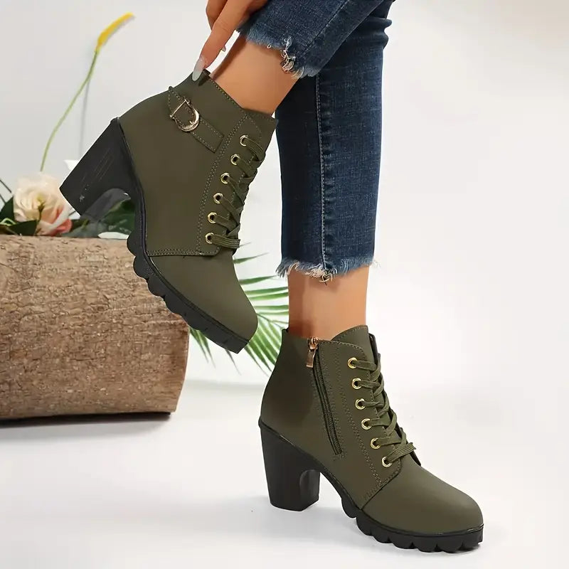 Women's lace-up ankle boots with block heel, buckle and side zipper