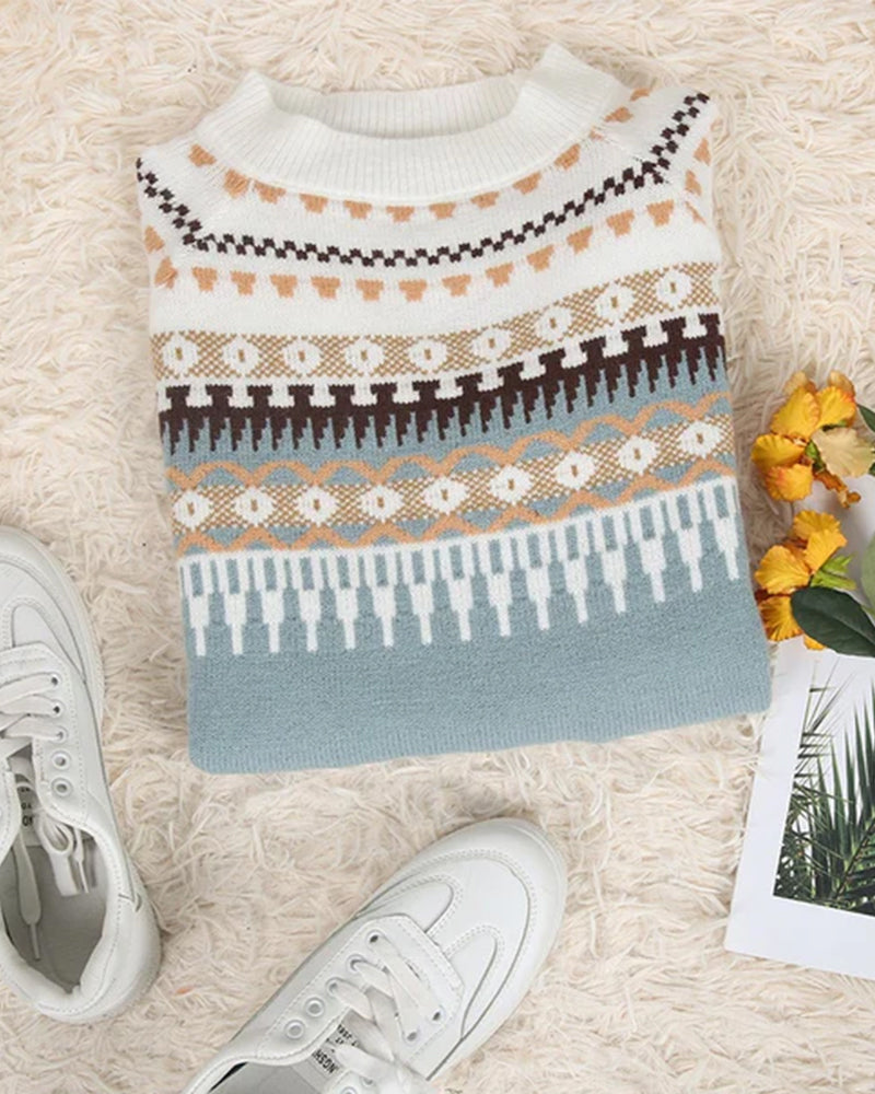 Women's Fair Isle knit sweater with mock neck and long sleeves