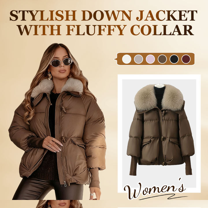 Women's short hooded puffer jacket with plush collar and pockets