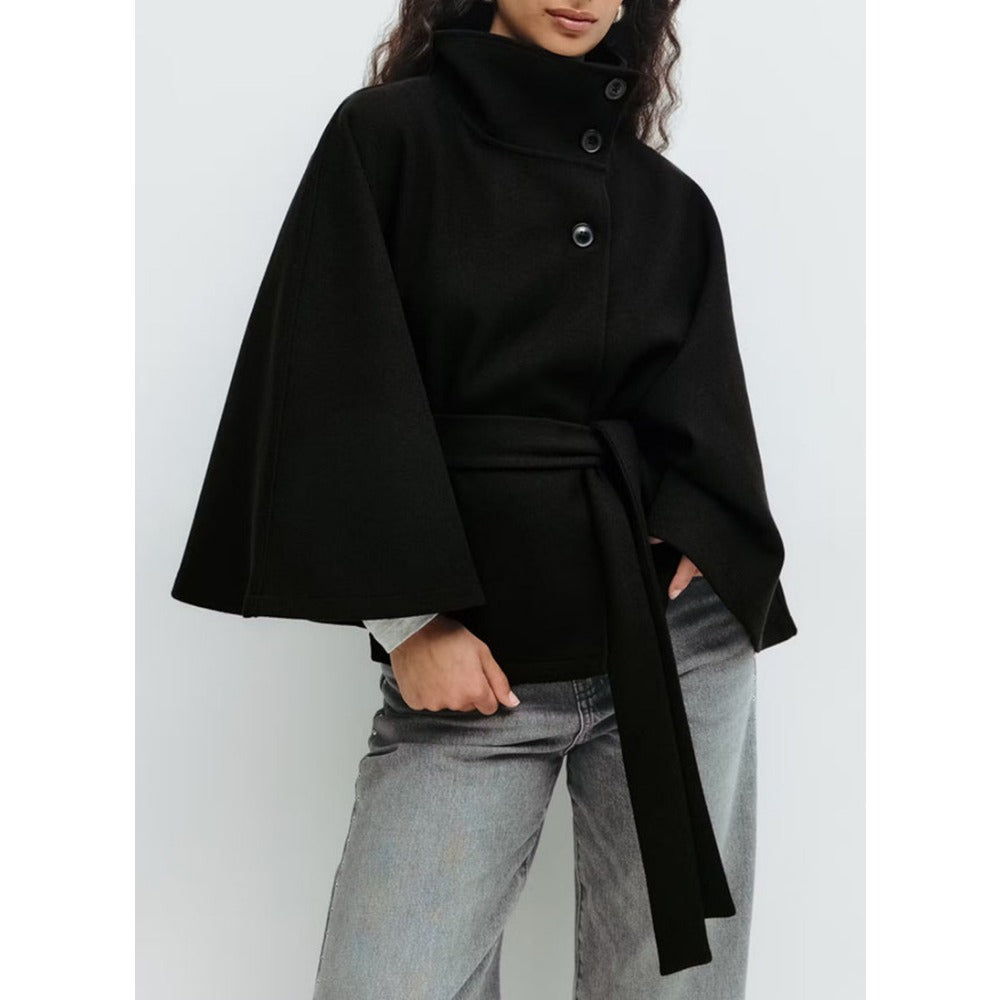 Women's belted cape coat with high collar and wide sleeves