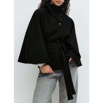 Women's belted cape coat with high collar and wide sleeves