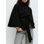 Women's belted cape coat with high collar and wide sleeves