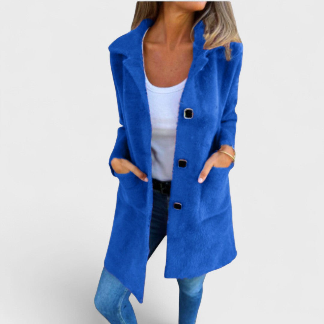 Women's longline textured coat with notched lapels, buttons and front pockets