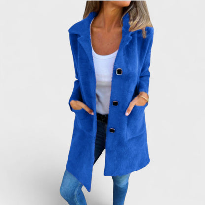 Women's longline textured coat with notched lapels, buttons and front pockets