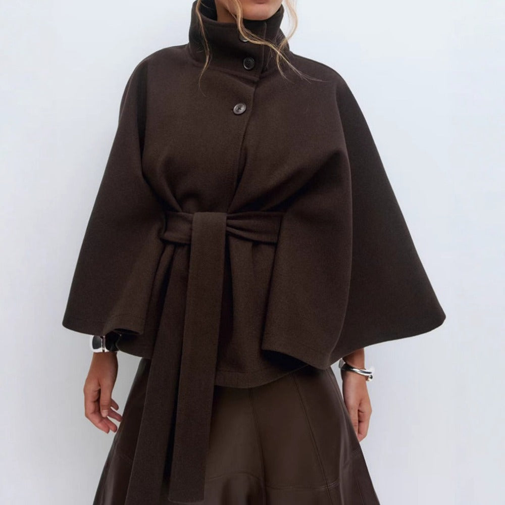 Women's belted cape coat with high collar and wide sleeves