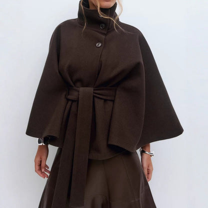 Women's belted cape coat with high collar and wide sleeves