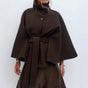 Women's belted cape coat with high collar and wide sleeves