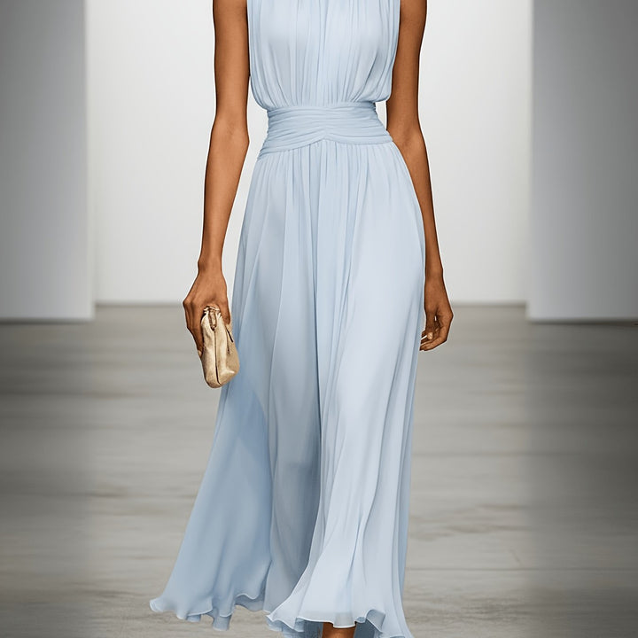 Women's Chiffon Midi Dress — Draped-Waist Flowing Elegant Summer Dress