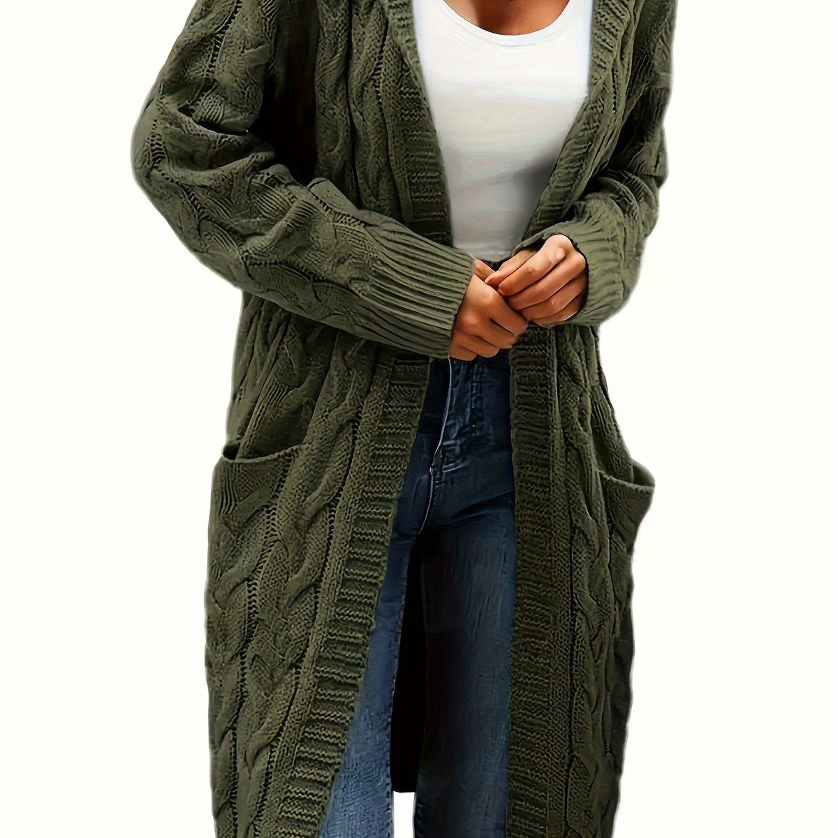 Women's long textured cable knit cardigan with open front and patch pockets