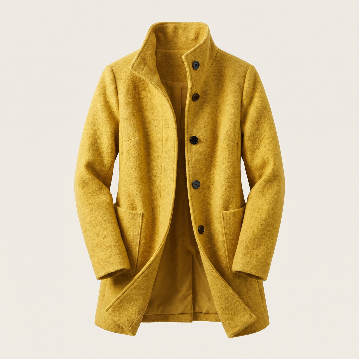 Women's longline trench coat with stand collar, button front and patch pockets