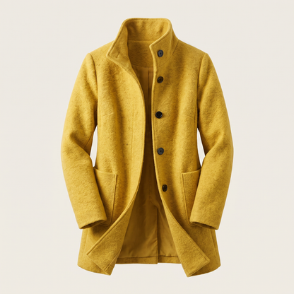 Women's longline trench coat with stand collar, button front and patch pockets