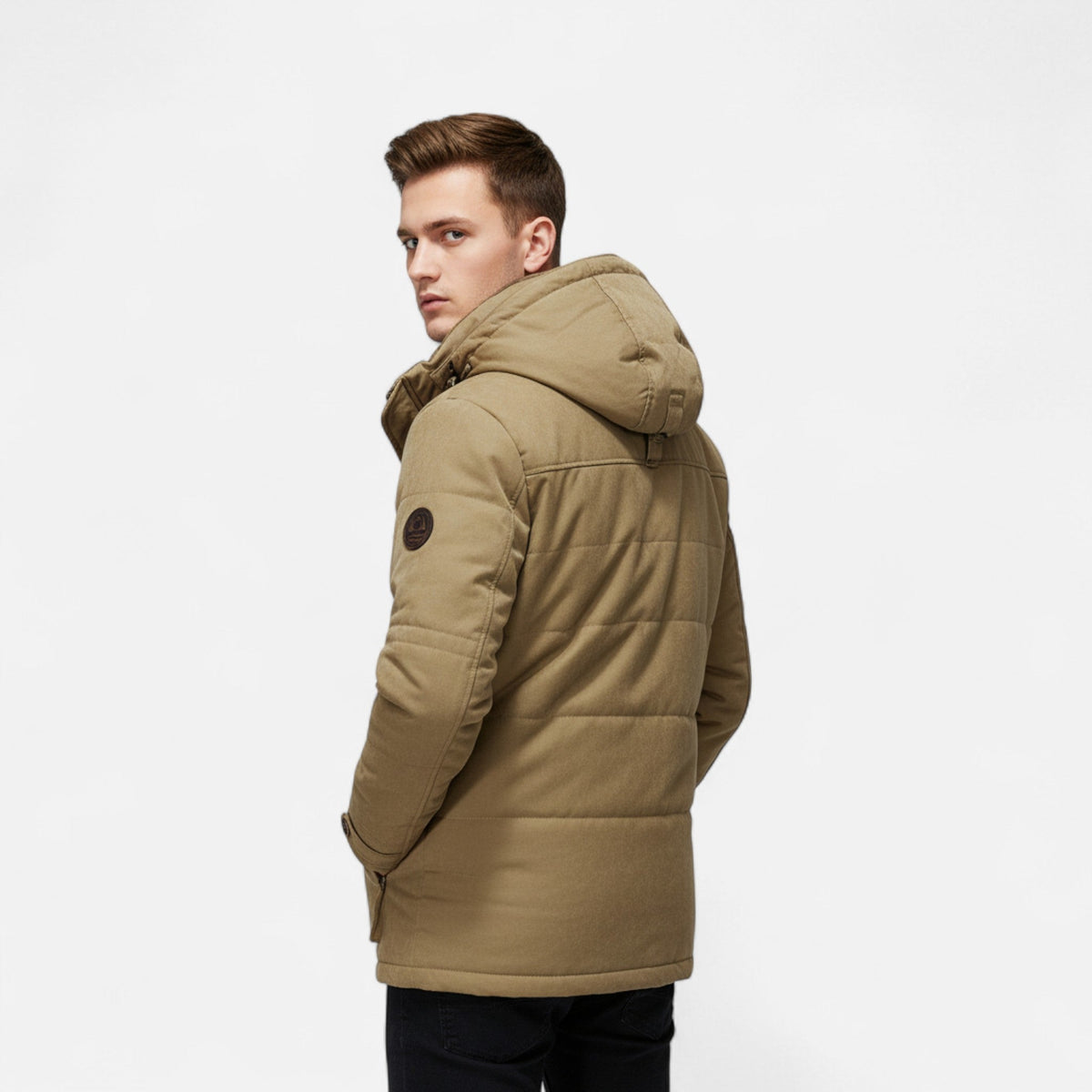Men's hooded quilted parka jacket with multiple pockets and zip front
