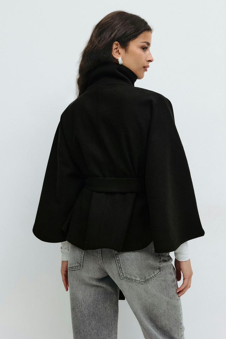 Women's cape coat with high collar and tie belt