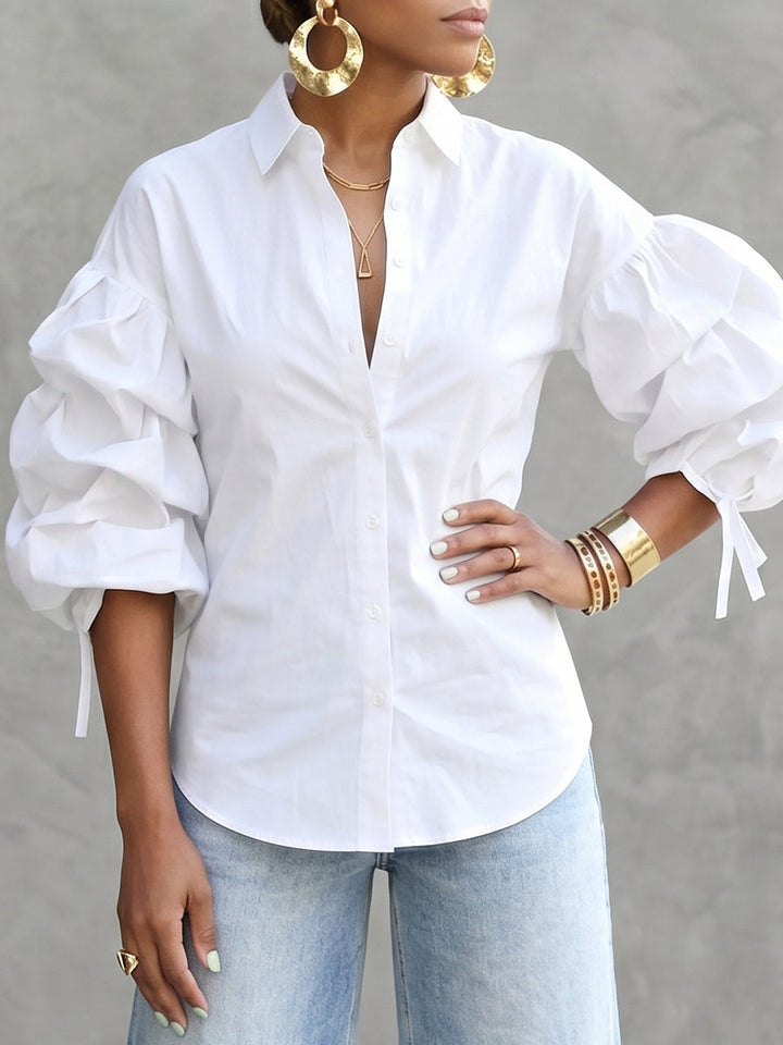 Women's puff sleeve button blouse with tied lapel collar in black