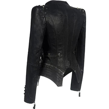 Women's black fitted moto jacket with studded shoulders and zip details