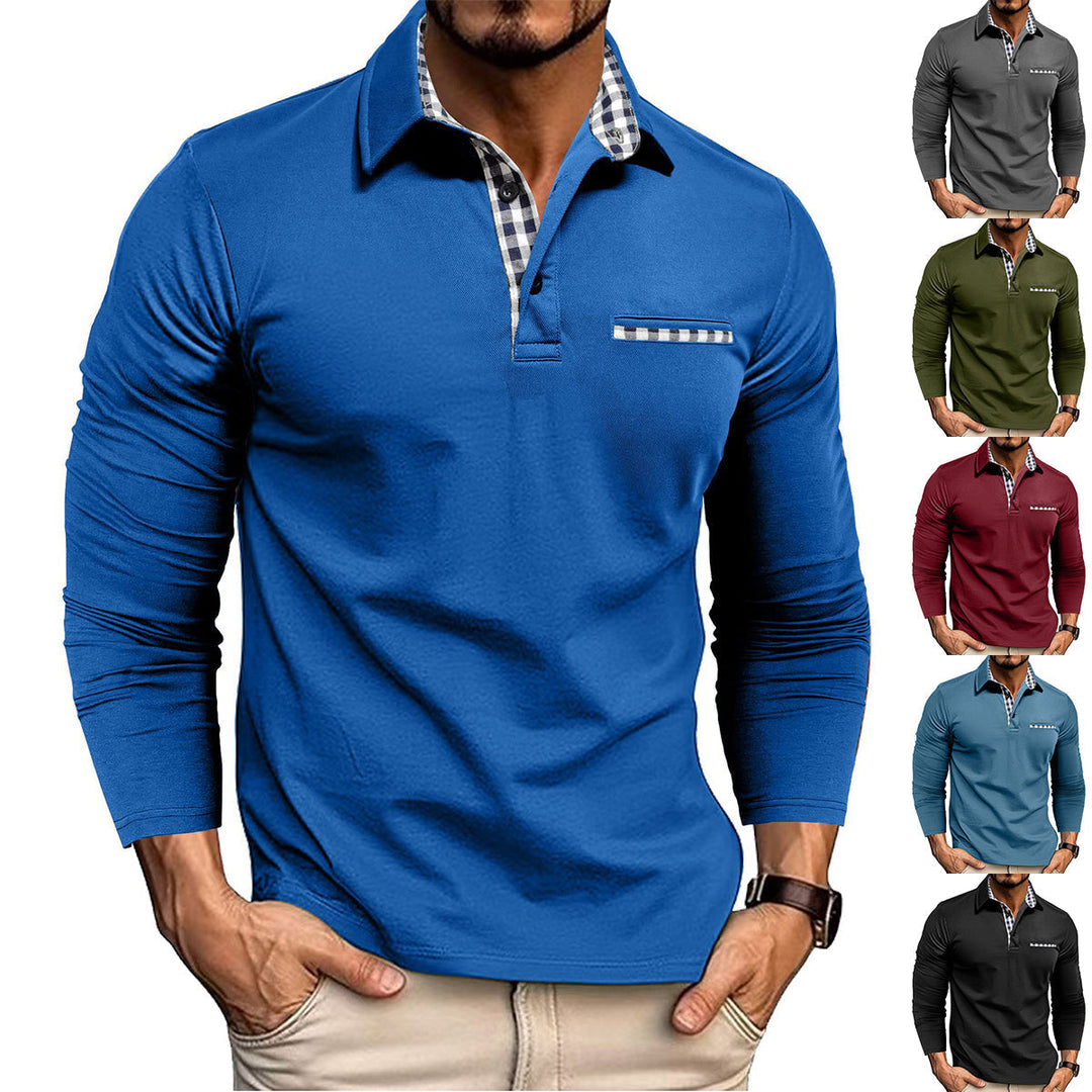 Men's long-sleeve polo shirt with checked collar and chest pocket