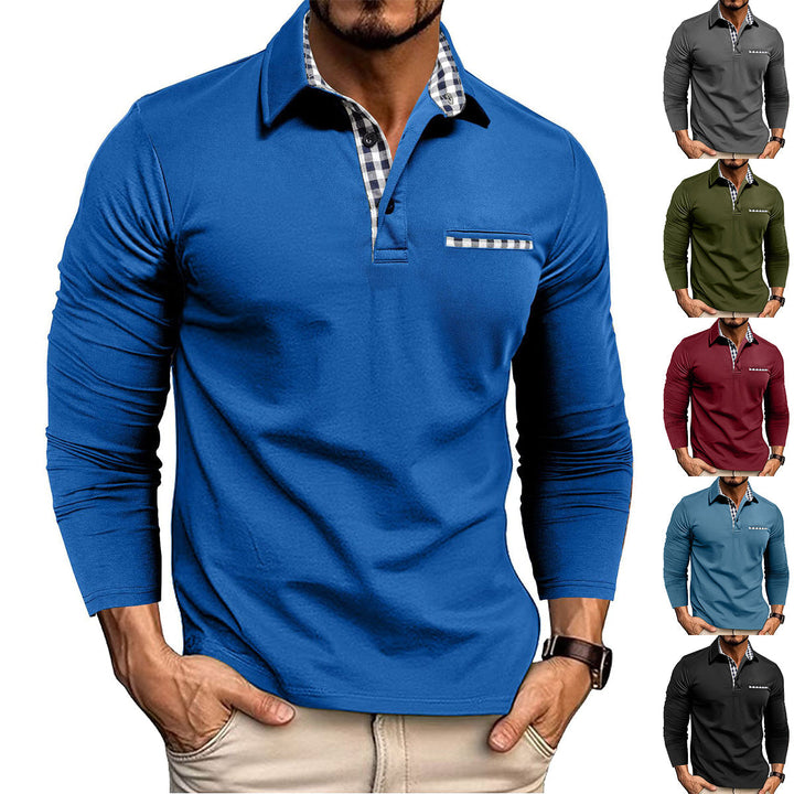 Men's long-sleeve polo shirt with checked collar and chest pocket