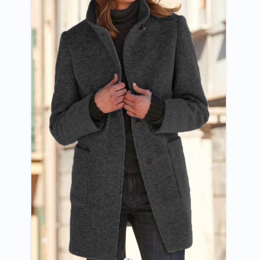 Women's straight mid-thigh coat with stand collar, long sleeves, buttons and patch pockets