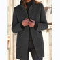 Women's straight mid-thigh coat with stand collar, long sleeves, buttons and patch pockets