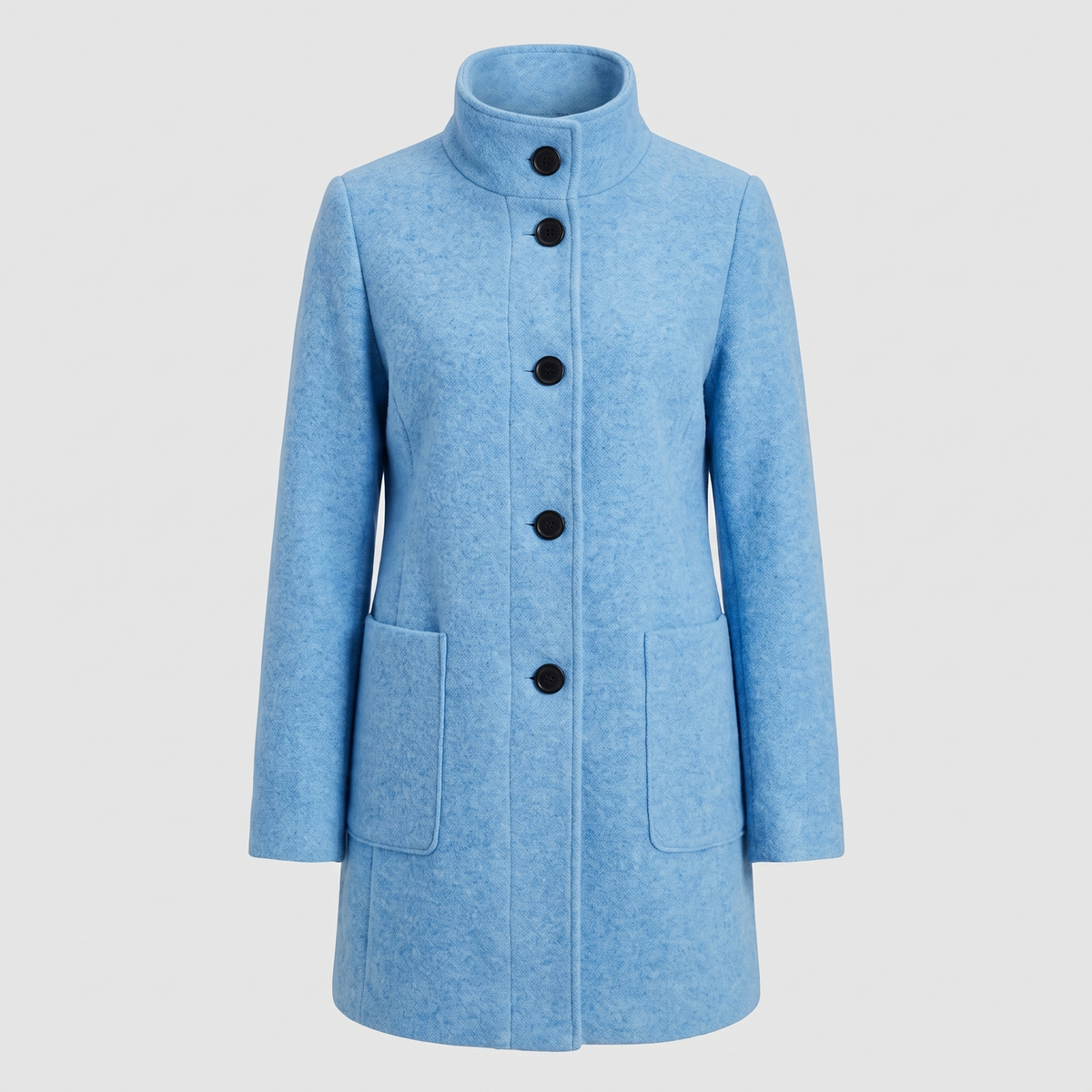 Women's longline trench coat with stand collar, button front and patch pockets