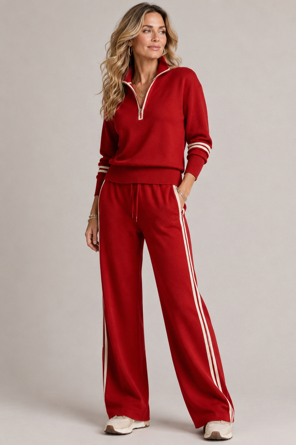 Women's zip sweater and wide-leg trouser set with contrast side stripes