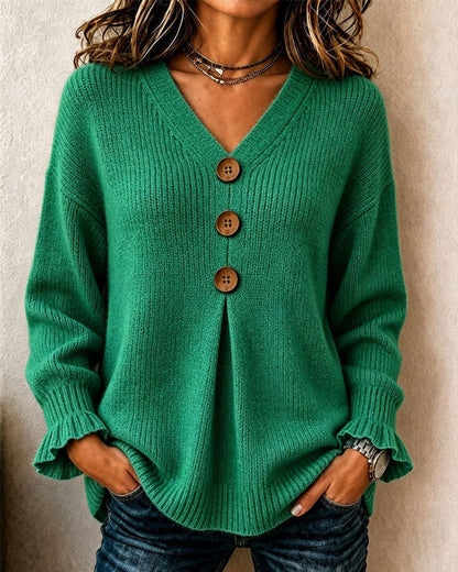 Women's V-neck button cardigan with long sleeves and ribbed knit texture