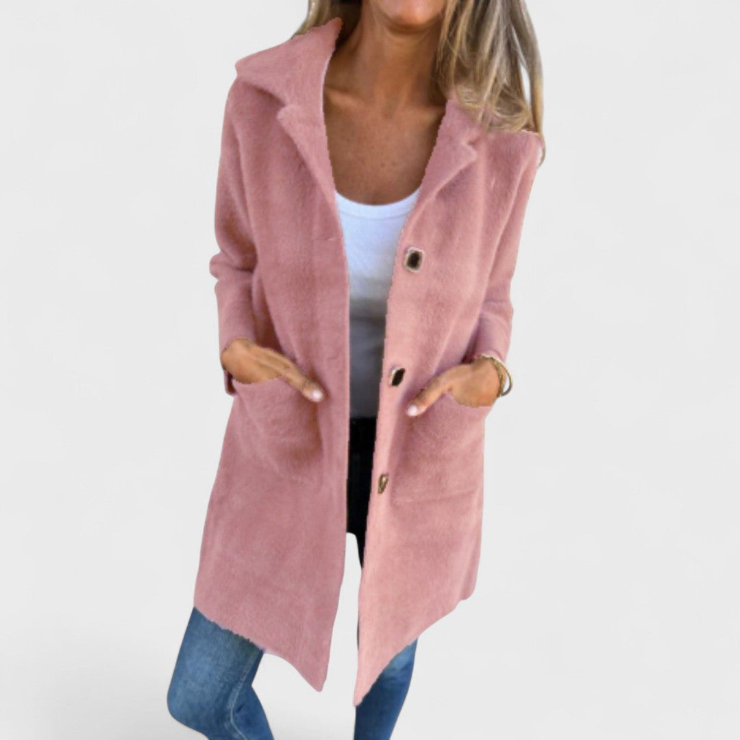 Women's longline textured coat with notched lapels, buttons and front pockets