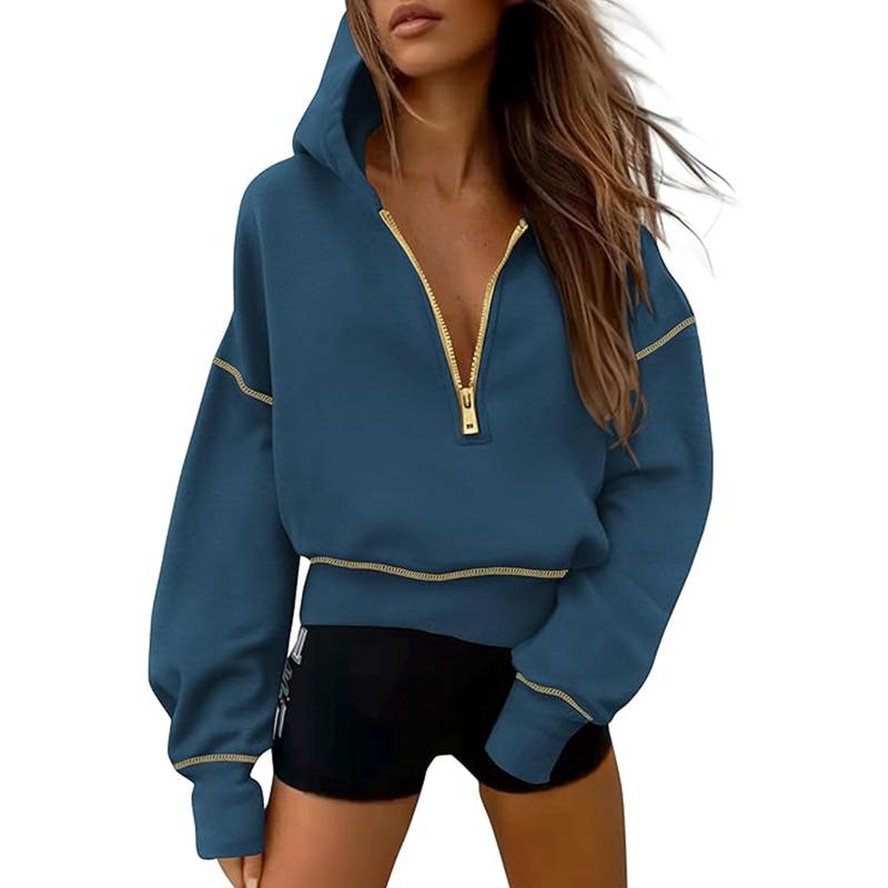 Women's cropped hooded sweatshirt with half zip and contrast stitching