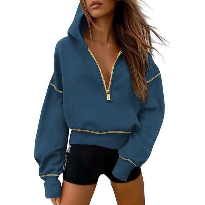 Women's cropped hooded sweatshirt with half zip and contrast stitching