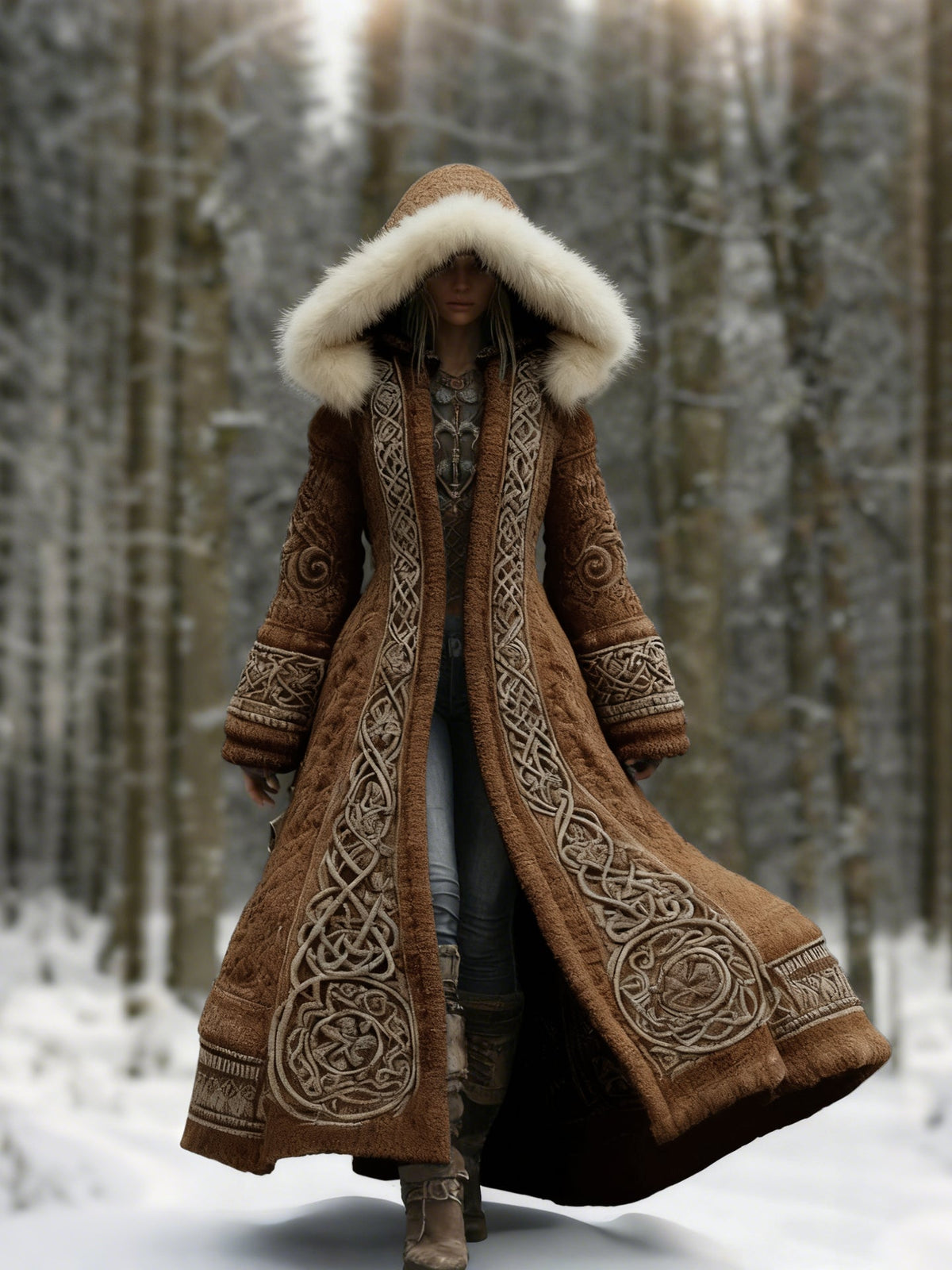 Women's long hooded coat with embroidered panels and fur-like hood trim