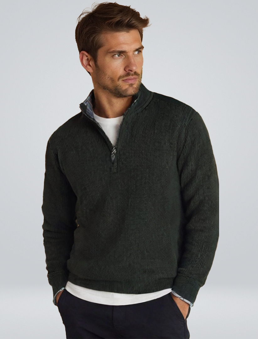 Men's textured knit quarter-zip sweater with mock neck and long sleeves