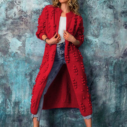 Women's long textured cable knit cardigan with open front and long sleeves