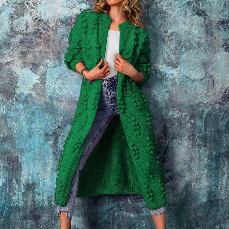 Women's long textured cable knit cardigan with open front and long sleeves