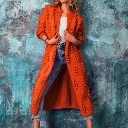 Women's long textured cable knit cardigan with open front and long sleeves