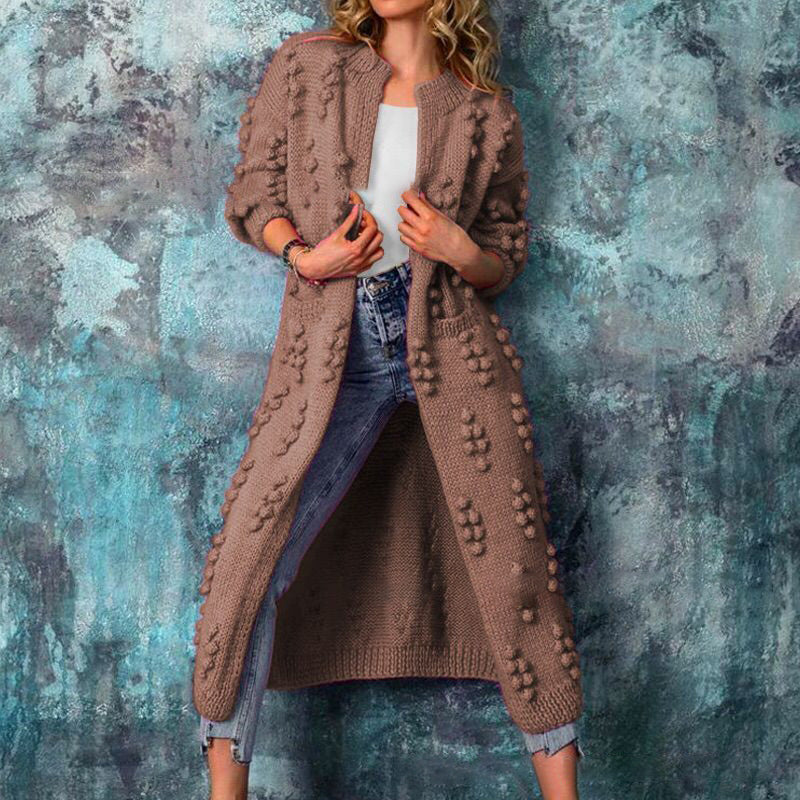 Women's long textured cable knit cardigan with open front and long sleeves