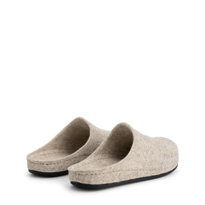 Beige open-back slip-on house slippers with rounded toes and black flat soles