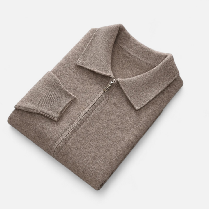 Men's zip-front sweater with polo collar and front pockets