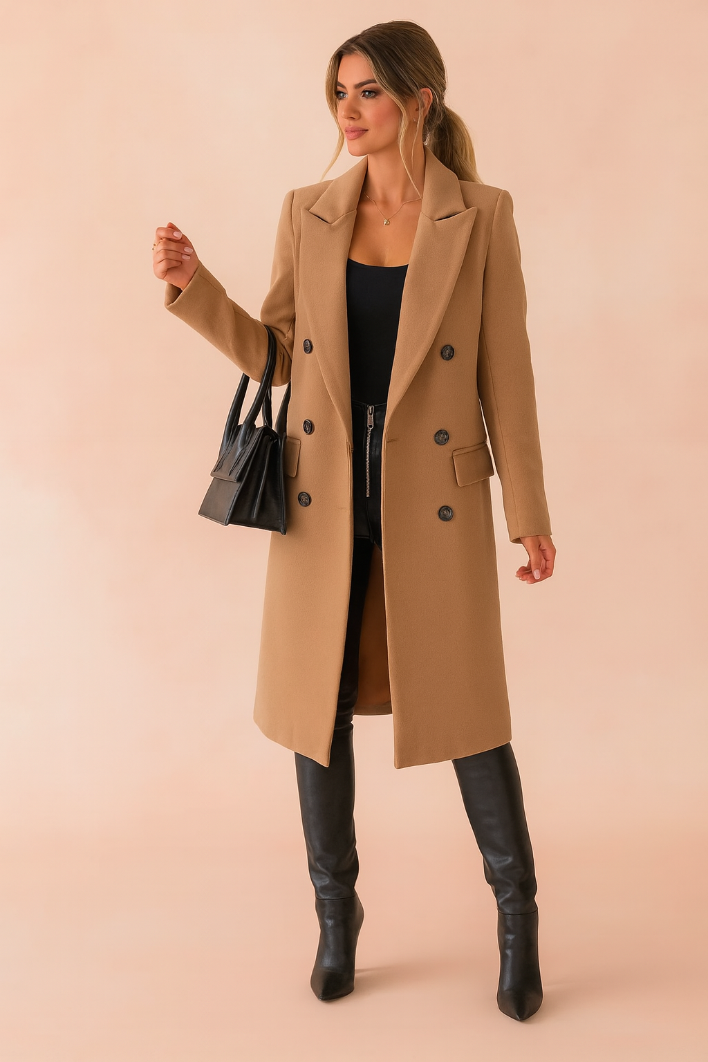 Women's double-breasted long coat with lapels and flap pockets