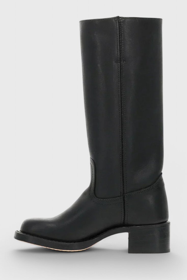 Tall pull-on boots with square toes and low block heels