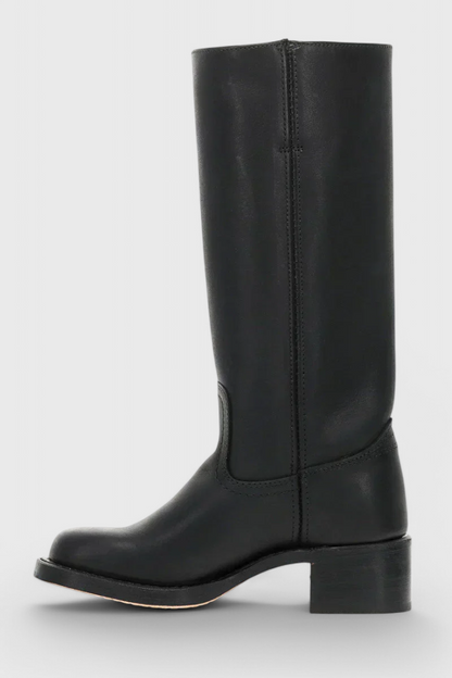 Tall pull-on boots with square toes and low block heels