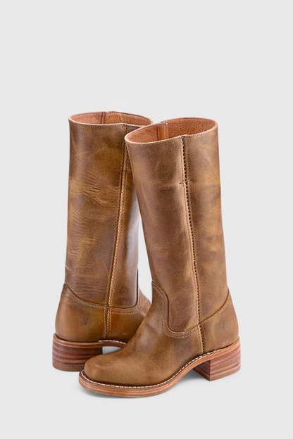 Tall pull-on boots with square toes and low block heels